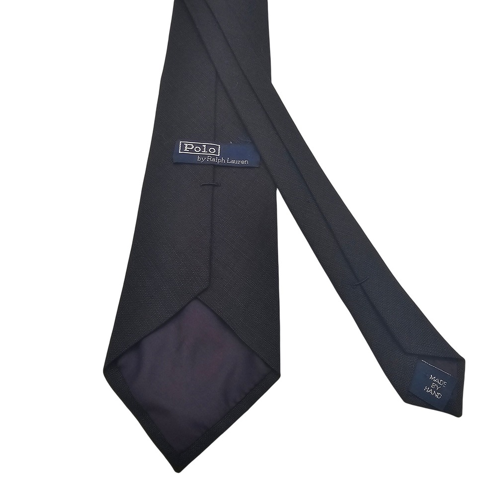Polo Ralph Lauren Black Linen Tie Embroidered Pony Logo Hand Made Mens Necktie